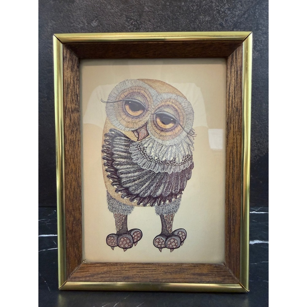 Vintage Glenn Heath lithograph Owl Print, Wood Gold Framed